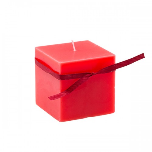 Свеча красная квадратная с лентой 7.5х7.5х7.5 см