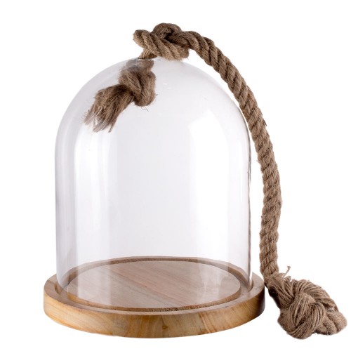 Купол стеклянный на деревянной подставке с декоративной веревкой 27 см