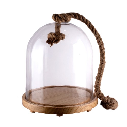 Купол стеклянный на деревянной подставке с декоративной веревкой 30 см
